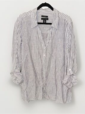Tahari White and Blue Vertical Stripe Button-Down Shirt